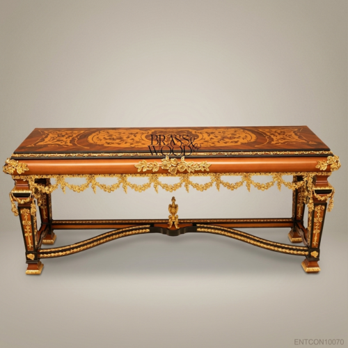 Louis XVI Neoclassical Console Table Floral Marquetry Antique Brass Ormolu Garlands Solid Wood Front View | Brass & Wood