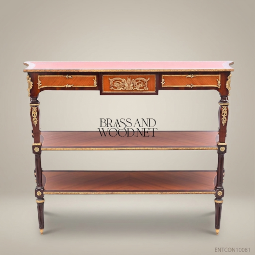 Louis XVI Neoclassical Console Table Solid Mahogany Satinwood Marquetry Antique Brass Ormolu Two Shelves Brass & Wood Front View | Brass & Wood