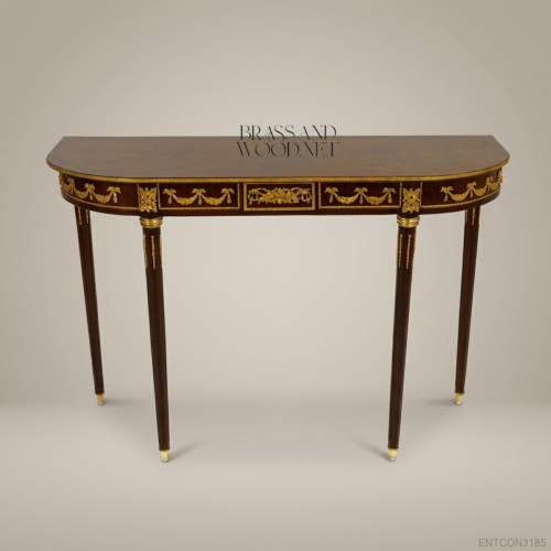 Louis XVI Demilune Console Table Mahogany Gilt Bronze Ormolu Neoclassical Brass and Wood Front View | Brass & Wood