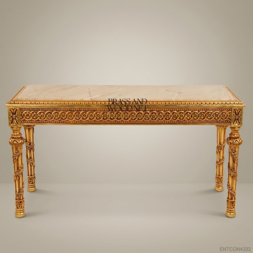 Louis XVI Neoclassical Console Table Gold Leaf Carved Solid Wood Cream Marble Top Brass & Wood Front View | Brass & Wood