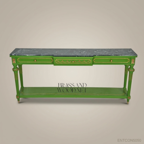 Louis XVI Green Lacquer Marble Top Console Table Gold Leaf Carved Wood Brass & Wood Front View | Brass & Wood