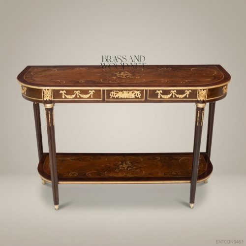 Louis XVI Neoclassical Console Table Solid Mahogany Marquetry Gilt Bronze Ormolu Mounts Fluted Legs Brass and Wood Front View | Brass & Wood