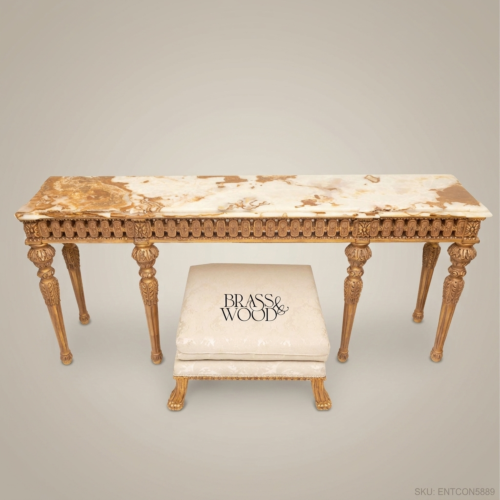 Louis XVI Neoclassical Console Table Gold Leaf Carved Wood Onyx Marble Top Brass & Wood Front View | Brass & Wood