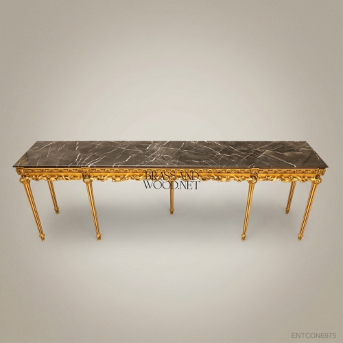 Louis XVI Grand Console Table Hand-Carved Solid Wood Gold Leaf Emperor Marble Top Brass and Wood Front View | Brass & Wood