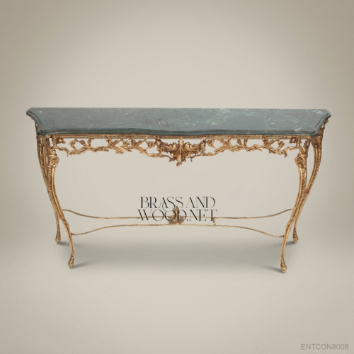 Louis XV Rococo Gold Leaf Carved Wood Console Table Green Marble Top Brass & Wood Front View | Brass & Wood