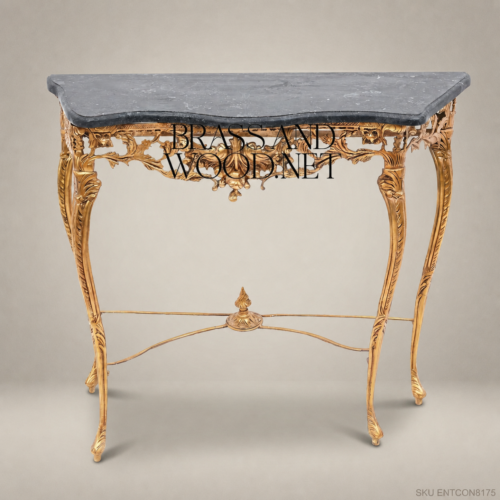 French Rococo Gold Gilt Console Table with Black Marble Top