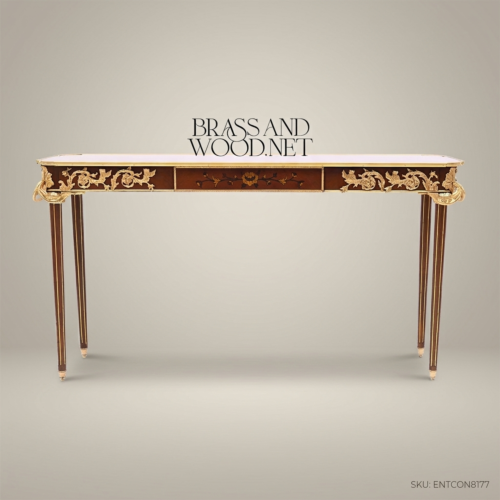Louis XVI Neoclassical Console Table Solid Mahogany Hand-Cast Ormolu Mounts Acanthus Marquetry Top Brass and Wood Front View | Brass & Wood