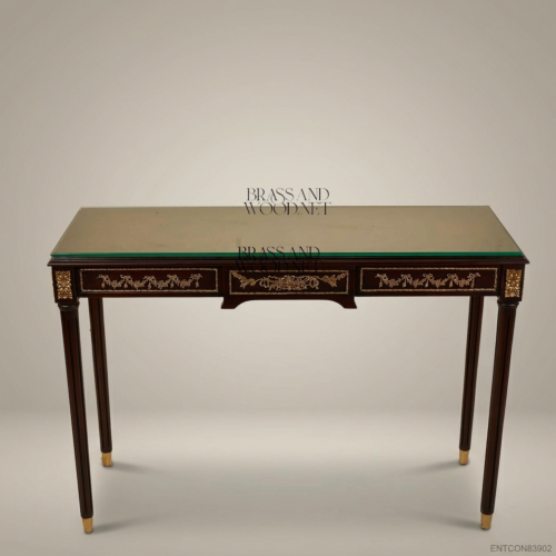 Louis XVI Neoclassical Console Table Solid Wood Gilded Ormolu Brass Mounts Glass Top Brass & Wood Front View | Brass & Wood