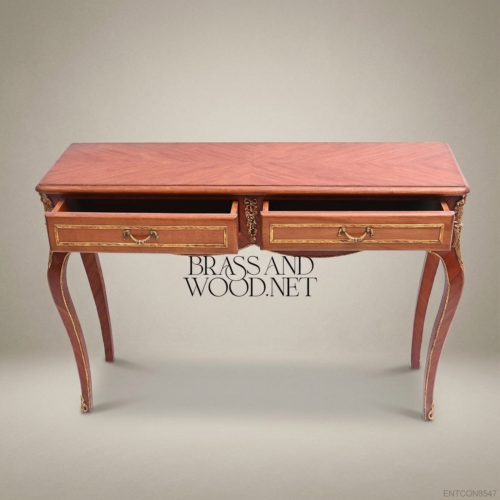 Louis XV Solid Mahogany Console Table Marquetry Top Antique Gilt Brass Mounts Cabriole Legs Brass & Wood Front View | Brass & Wood
