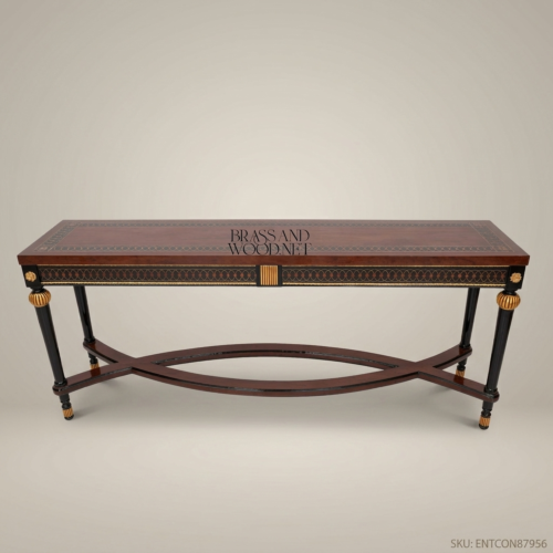 French Empire Neoclassical Console Table Solid Mahogany Ebonised Legs Gold Leaf Rosettes Interlocking Circle Frieze Brass & Wood Front View | Brass & Wood