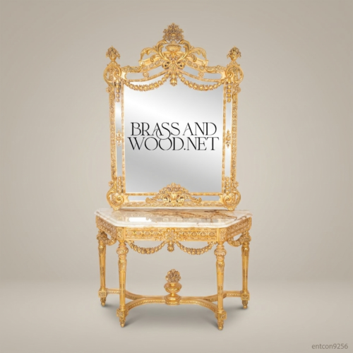 Louis XVI Gold Leaf Console Table Mirror Carved Solid Wood Natural Marble Brass & Wood Front View | Brass & Wood