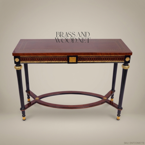 Empire Neoclassical Console Table Ebonised Solid Wood Burr Walnut Gold Leaf Brass Fittings Brass & Wood Front View | Brass & Wood