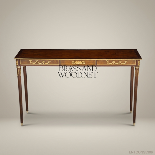Louis XVI Neoclassical Console Table Solid Walnut Antique Gold Ormolu Swags Fluted Legs Brass and Wood Front View | Brass & Wood