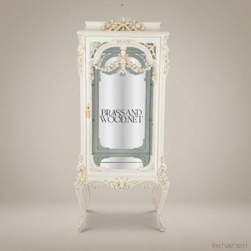 Rococo Revival Ivory Vitrine Cabinet - Hand-Carved Floral Swags & Mirrored Interior