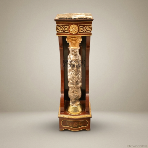 Napoleon III Marquetry Wood Pedestal Column with Marble Shaft & Gilt Corinthian Capital