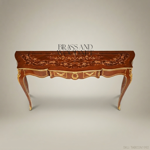 Louis XV Mahogany Console Table Floral Marquetry Gilded Ormolu Mounts Cabriole Legs Brass and Wood Front View | Brass & Wood