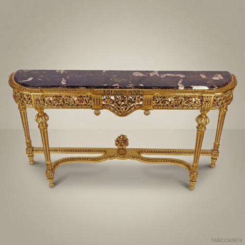 Louis XVI Giltwood Console Table Dark Marble Top Floral Pierced Apron Gold Leaf Brass & Wood Front View | Brass & Wood