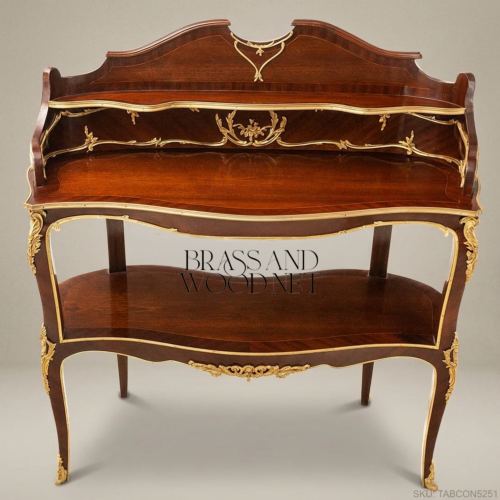Louis XV Mahogany Two-Tier Console Table Antique Brass Ormolu Mounts Cabriole Legs Brass & Wood Front View | Brass & Wood