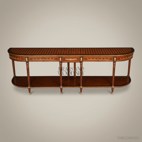 Louis XVI Neoclassical Demilune Console Table Solid Mahogany Diamond Parquetry Floral Marquetry Ormolu Brass Mounts Brass & Wood Front View | Brass & Wood