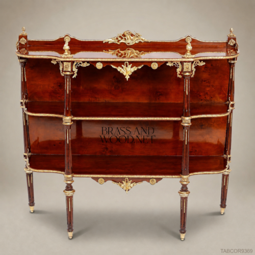 Louis XVI Mahogany Gilt Bronze Ormolu Étagère Open Display Shelf Brass & Wood Front View | Brass & Wood