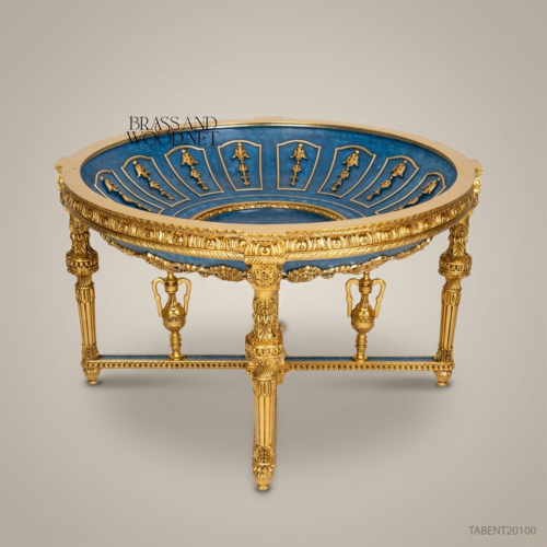 Louis XVI Neoclassical Round Centre Table — Gilt Carved Frame with Blue Panel Apron & Urn Stretcher