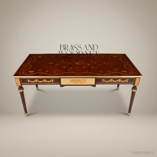 Louis XVI Bureau Plat Floral Marquetry Ormolu Bronze Mounts Mahogany Brass & Wood Front View | Brass & Wood