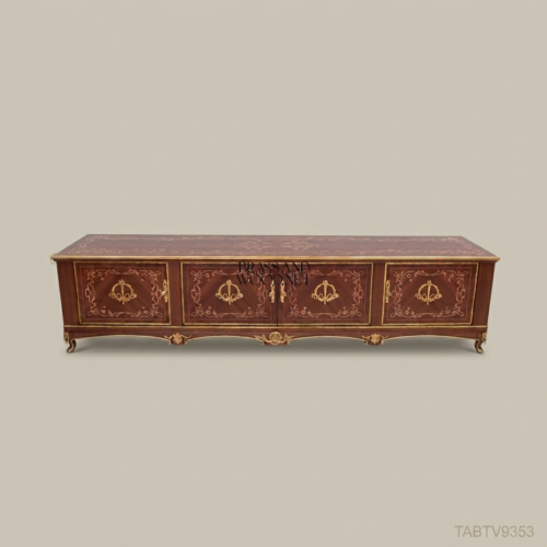 Napoleon III Rococo Revival TV Console — Lacquered Mahogany with Gilt Brass Strapwork & Four-Door Cabinet
