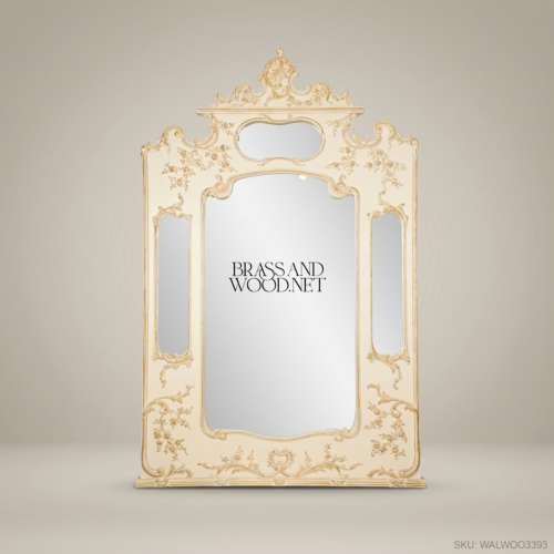 Rococo Revival Ivory Lacquered Pier Mirror Gilded Floral Carved Pediment Triple Panel Brass and Wood Side View | Brass & Wood