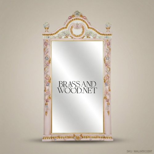 Rococo Full-Length Floor Mirror – Dusty Rose Carved Wood & Gold Leaf Floral Frame
