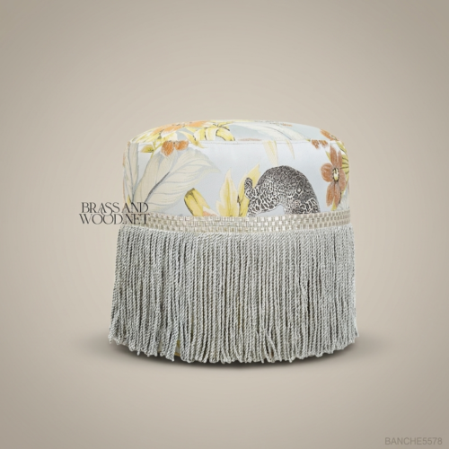 Victorian Salon Pouf with Tropical Floral Print & Tassel Fringe 01