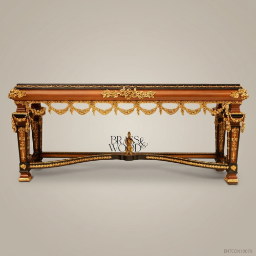 Louis XVI Neoclassical Console Table Floral Marquetry Antique Brass Ormolu Garlands Solid Wood Front View | Brass & Wood