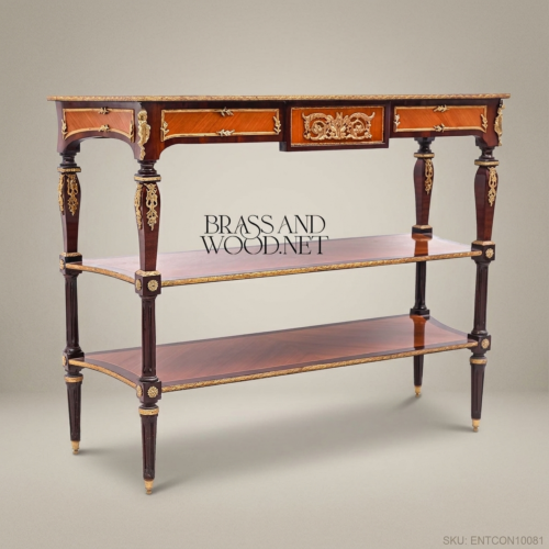 Louis XVI Neoclassical Console Table Solid Mahogany Satinwood Marquetry Antique Brass Ormolu Two Shelves Brass & Wood Front View | Brass & Wood