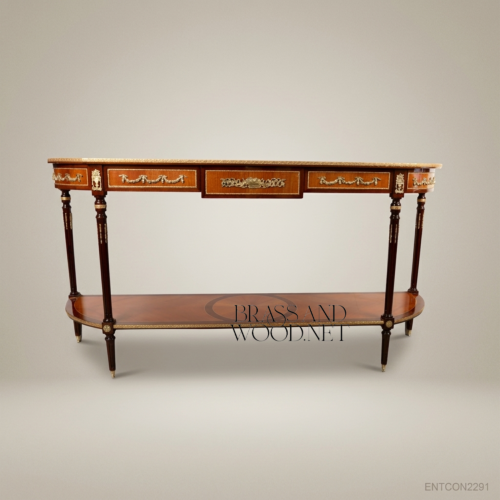 Louis XVI Demilune Console Solid Mahogany Parquetry Marquetry Gilded Ormolu Brass Wood Front View | Brass & Wood