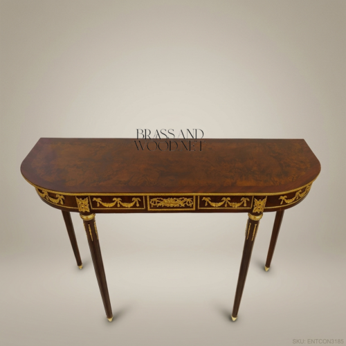 Louis XVI Demilune Console Table Mahogany Gilt Bronze Ormolu Neoclassical Brass and Wood Front View | Brass & Wood
