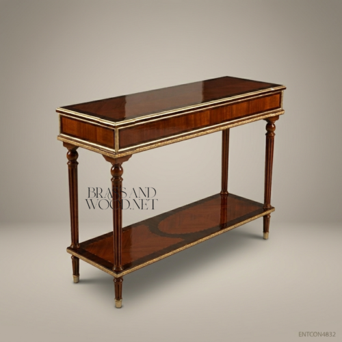 Louis XVI Neoclassical Console Table Solid Mahogany Gilded Brass Ormolu Mounts Brass and Wood Side View | Brass & Wood