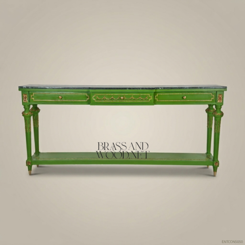 Louis XVI Green Lacquer Marble Top Console Table Gold Leaf Carved Wood Brass & Wood Front View | Brass & Wood