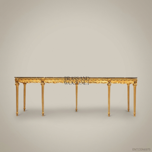 Louis XVI Grand Console Table Hand-Carved Solid Wood Gold Leaf Emperor Marble Top Brass and Wood Front View | Brass & Wood