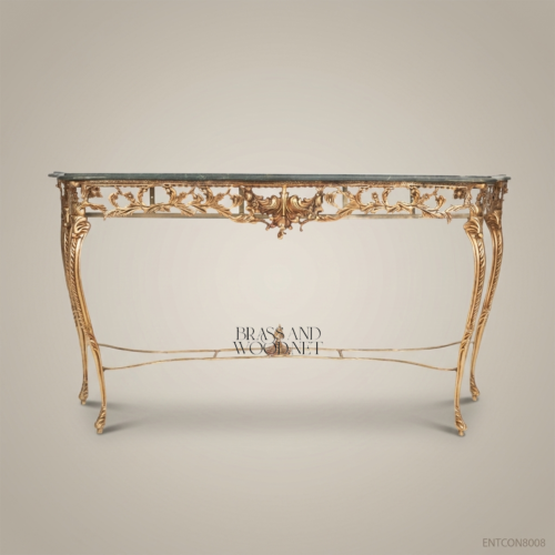 Louis XV Rococo Gold Leaf Carved Wood Console Table Green Marble Top Brass & Wood Front View | Brass & Wood