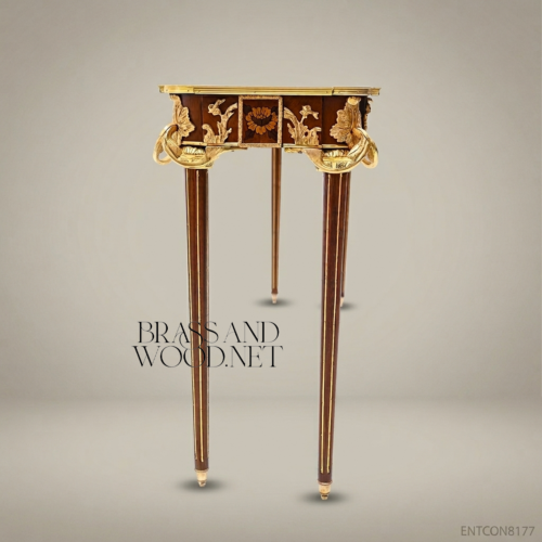 Louis XVI Neoclassical Console Table Solid Mahogany Hand-Cast Ormolu Mounts Acanthus Marquetry Top Brass and Wood Front View | Brass & Wood
