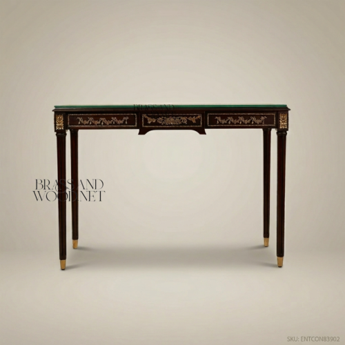 Louis XVI Neoclassical Console Table Solid Wood Gilded Ormolu Brass Mounts Glass Top Brass & Wood Front View | Brass & Wood
