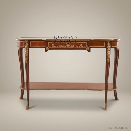 Louis XV Mahogany Console Table Gilt Bronze Ormolu Cabriole Legs Brass & Wood Side View | Brass & Wood