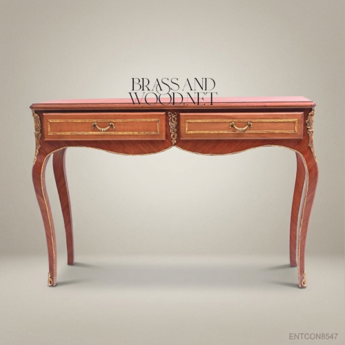 Louis XV Solid Mahogany Console Table Marquetry Top Antique Gilt Brass Mounts Cabriole Legs Brass & Wood Front View | Brass & Wood