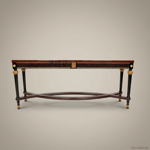 French Empire Neoclassical Console Table Solid Mahogany Ebonised Legs Gold Leaf Rosettes Interlocking Circle Frieze Brass & Wood Front View | Brass & Wood