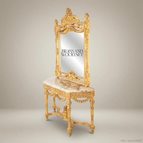 Louis XVI Gold Leaf Console Table Mirror Carved Solid Wood Natural Marble Brass & Wood Front View | Brass & Wood