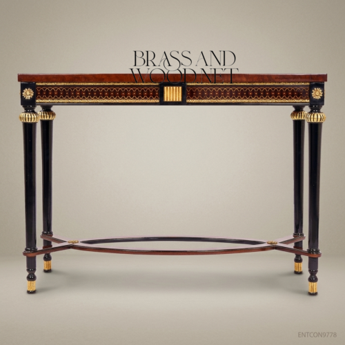 Empire Neoclassical Console Table Ebonised Solid Wood Burr Walnut Gold Leaf Brass Fittings Brass & Wood Front View | Brass & Wood