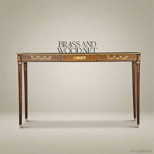 Louis XVI Neoclassical Console Table Solid Walnut Antique Gold Ormolu Swags Fluted Legs Brass and Wood Front View | Brass & Wood
