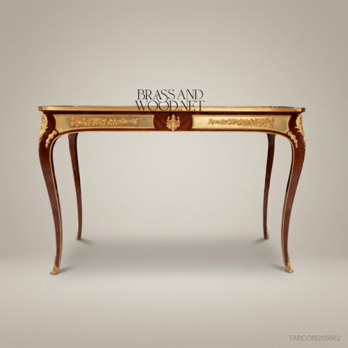 Louis XV Console Table Floral Marquetry Ivory Lacquer Gilded Bronze Ormolu Cabriole Legs Brass and Wood Front View | Brass & Wood
