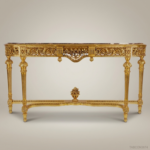 Louis XVI Giltwood Console Table Dark Marble Top Floral Pierced Apron Gold Leaf Brass & Wood Front View | Brass & Wood