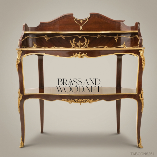 Louis XV Mahogany Two-Tier Console Table Antique Brass Ormolu Mounts Cabriole Legs Brass & Wood Front View | Brass & Wood