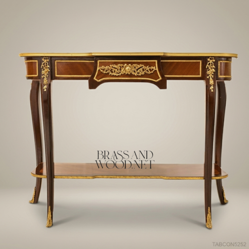 Louis XV Mahogany Console Table Gilt Bronze Ormolu Mounts Cabriole Legs Brass & Wood Front View | Brass & Wood